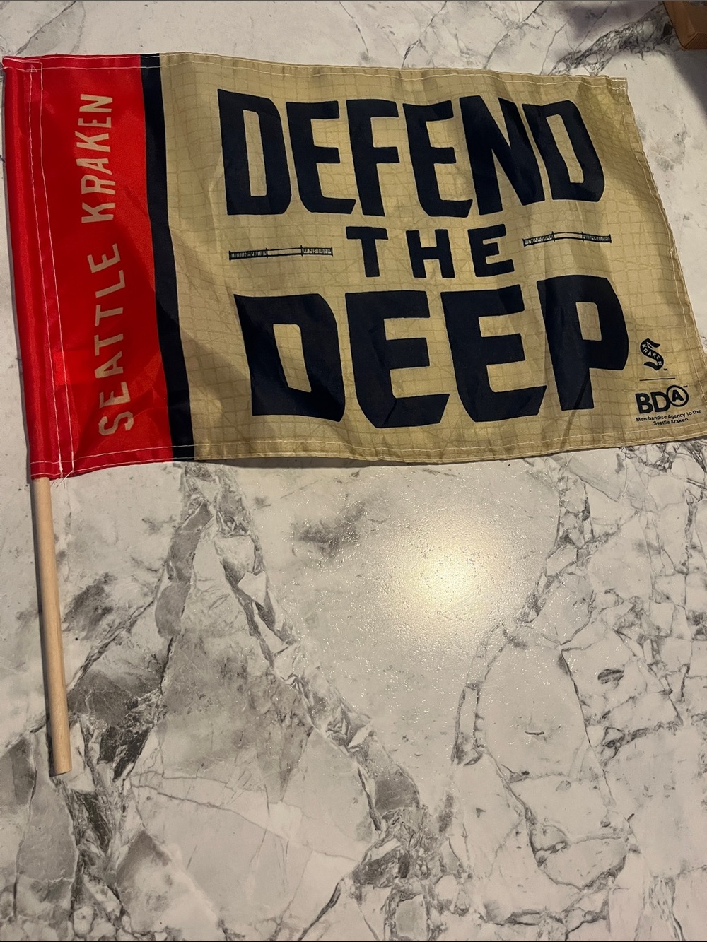 Defend The Deep Seattle Kraken Fan Flag - Red & Navy on Tan